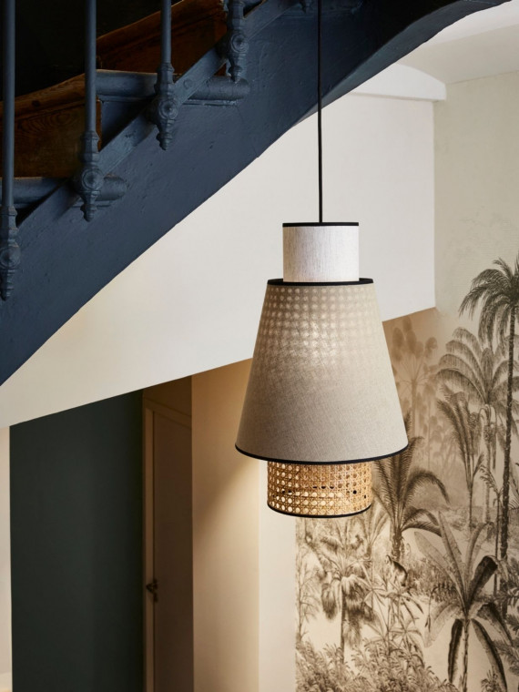 Pendant lamp in washed linen and wickerwork, nude, Singapore S or XS