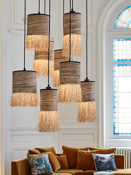 Hanging lamp in raffia and bana, Formentera grappe 8L Market Set