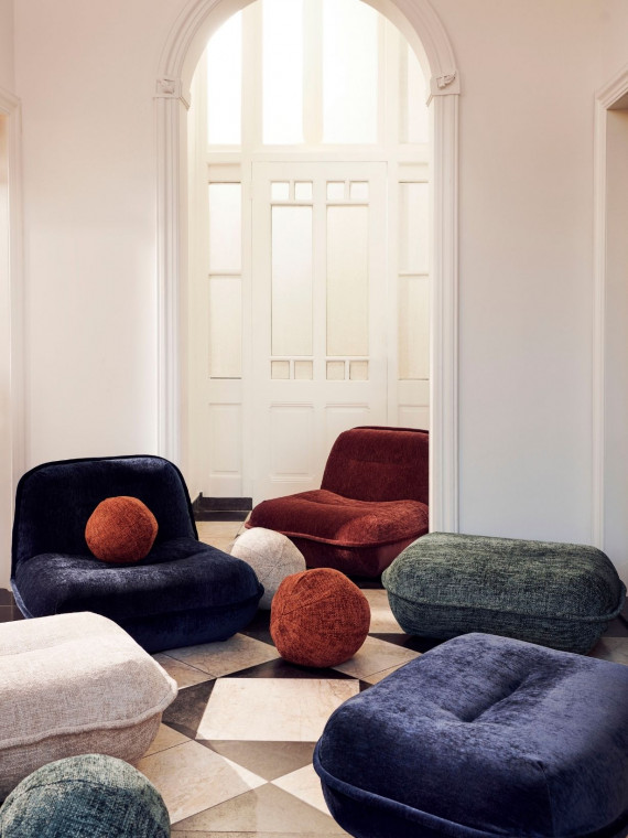 Fauteuil puff pols potten en tissu ecru